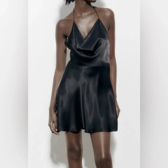 Zara Satin Effect Fluid Cowl Neck Mini  Dress NWT Black Size Medium - Picture 1 of 9